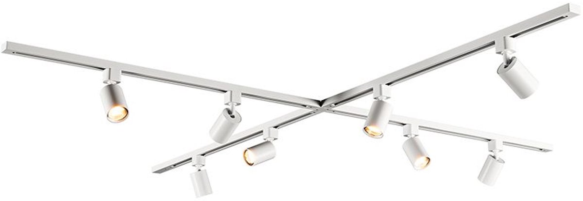 HOFTRONIC railverlichting pakket X-vorm – 4x 1 meter rails – 8x GU10 railspots 2700K warm wit – dimbaar – aluminium wit – IP20 – modulair – 230V – railverlichting woonkamer keuken