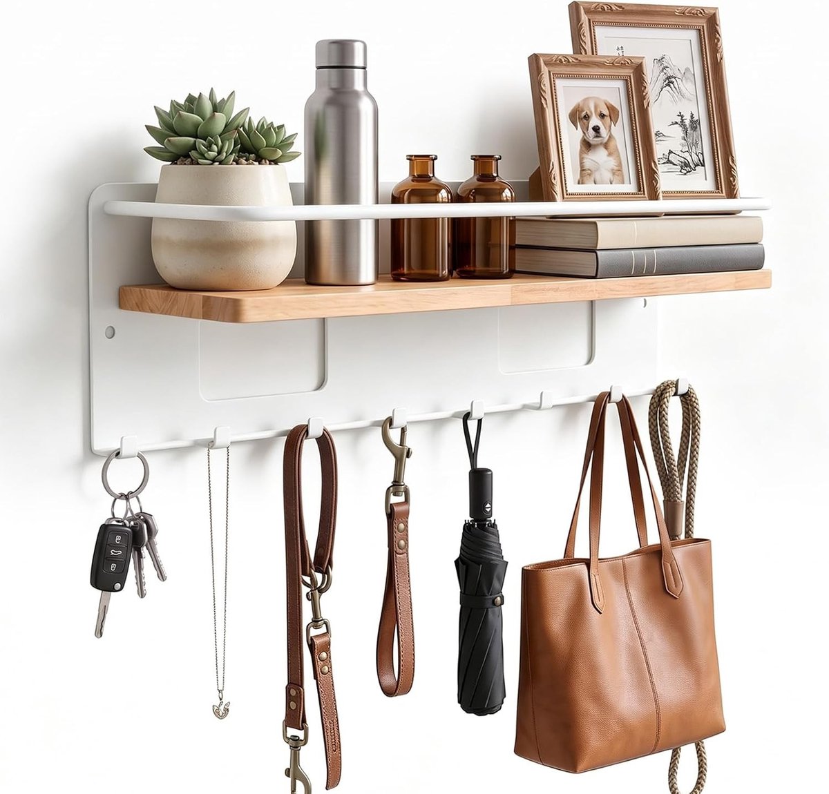 Decoratieve Sleutelhanger met Houten Plank en 8 Haken - Sleutelbord Organizer voor Hal, Keuken en Woonkamer - Praktische Wandplank voor Sleutels en Accessoires