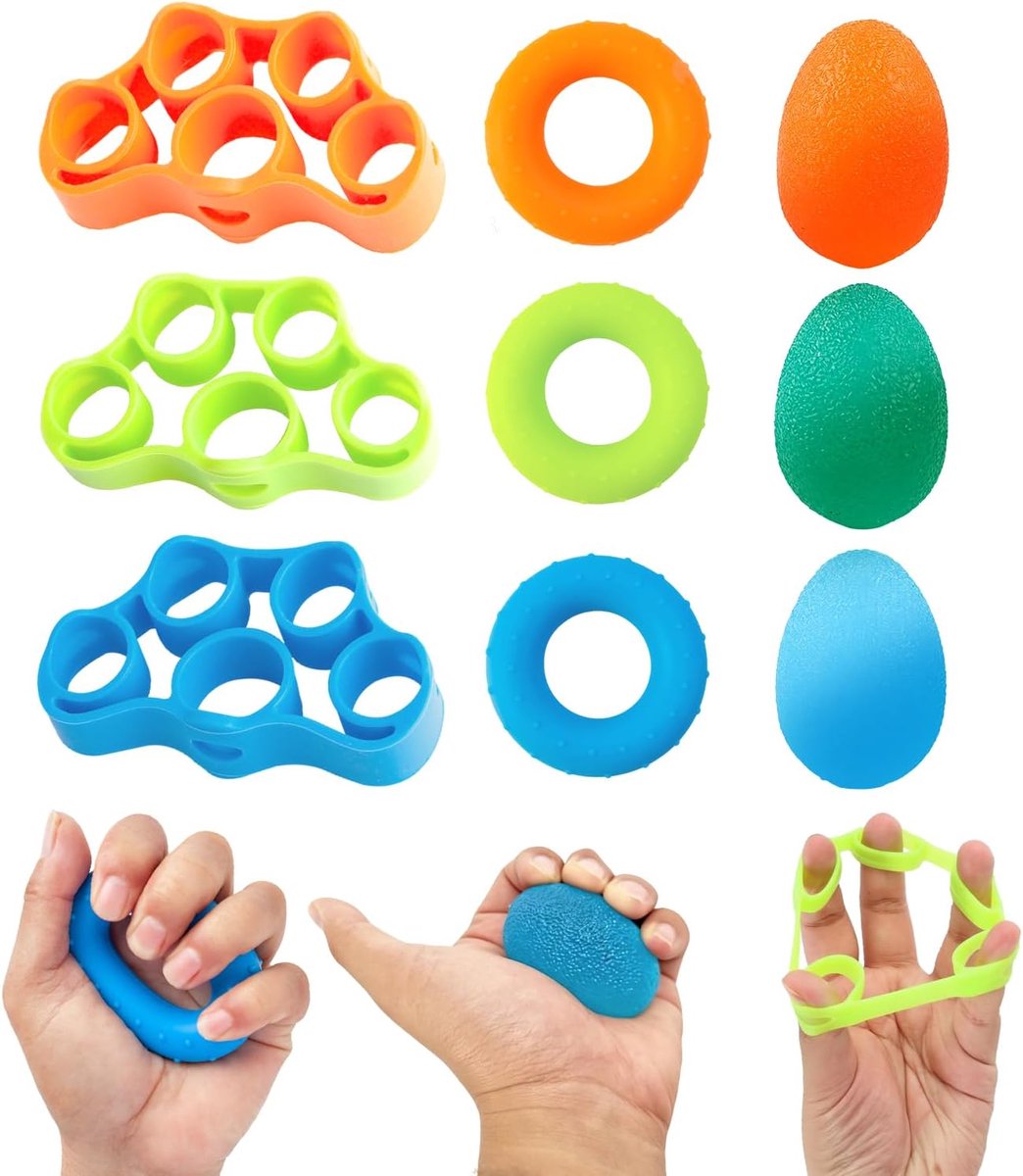 9-stukken vingertrainerset: 3*vingerstrekkers, 3*handkrachtcirkels, 3*handoefenballetjes, greepkrachtvingers. Vinger - ShopVlot