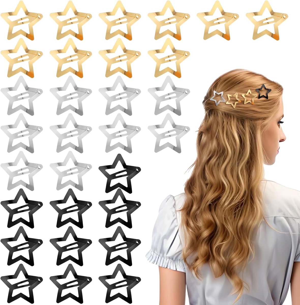 Haarspelden Ster - 30 Stuks - Goud, Zilver, Zwart - Speelse en elegante haaraccessoires voor meisjes en vrouwen - ShopVlot