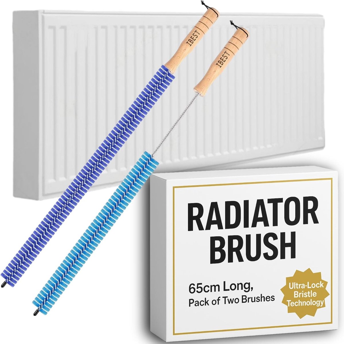 Radiatorreinigingsborstels - Blauw - 65 cm - Multifunctioneel met Houten Handvat - Set van 2