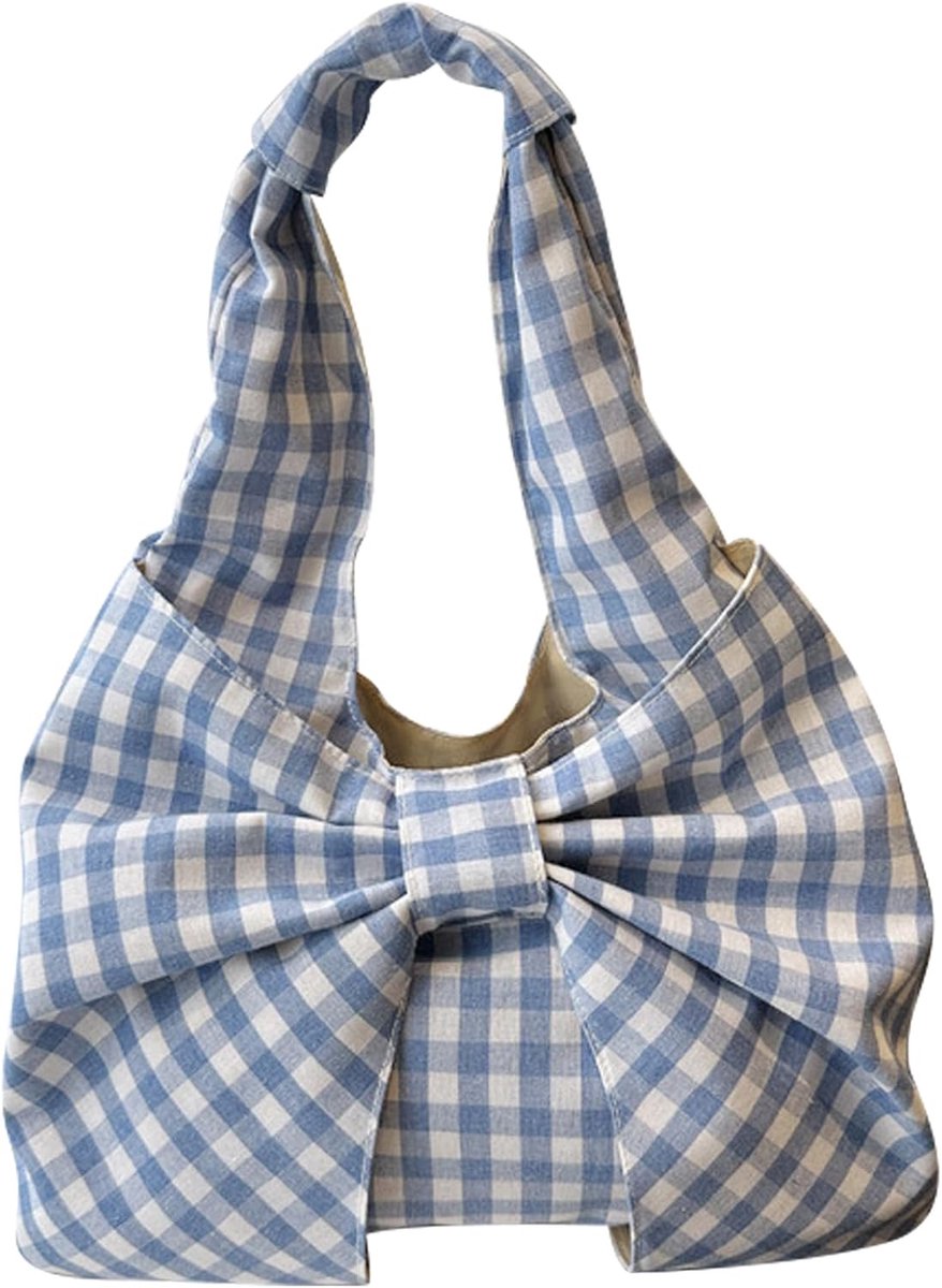 Schoudertas dames groot - hobo-tas blauw - Gingham-patroon met strikdecoratie - ideaal voor winkelen - ShopVlot