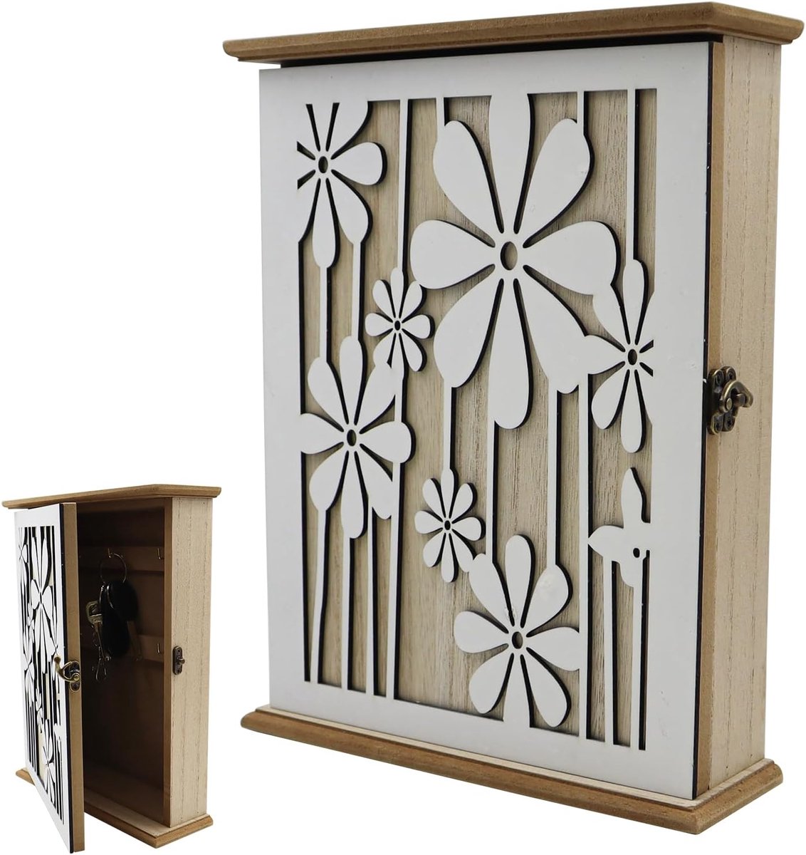 Wooden Key Cabinet, Elegant Daisy Cabinet, Vintage Decoration, Key Cabinet with 6 Key Hooks for Entrance, Hallway - ShopVlot