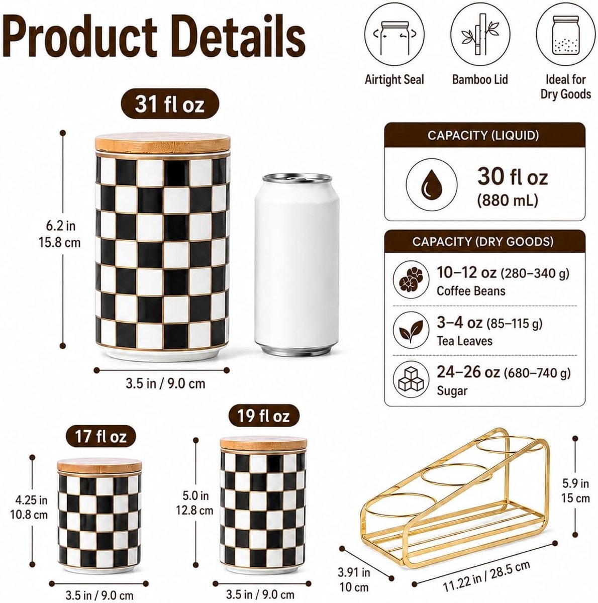 Kitchen Tray Ceramic Canister Set, 3 Pieces Grid Pattern Kitchen Pots with Layered Shelves, Sealed Kitchen Tray Flour - ShopVlot