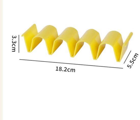 Gele tacohouder met afmetingen: 18.2cm lang, 5.5cm breed en 3.3cm hoog.