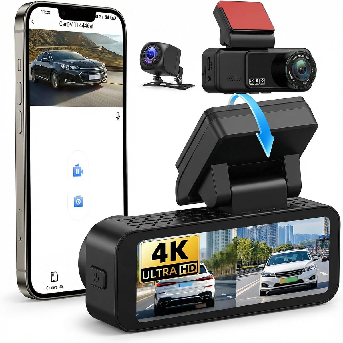 Dashcam voor auto 3,16 inch - 4K Full HD - dubbel verstelbare lens - nachtzicht voor Uber - ShopVlot