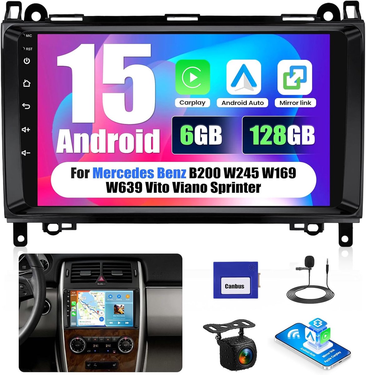 Android 15 auto-radio 9" - 6+128 GB - draadloos CarPlay - GPS en Bluetooth connectiviteit - ShopVlot