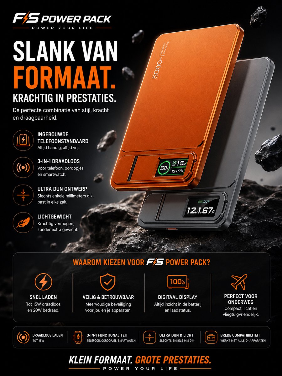 Ultra Slank Aluminium Magnetische Draadloze Powerbank 5000mAh / 10000mAh –Snellader-Fast Charging, Led Display, Portable, Ultra Slim 22.5W Snelladen – 15W MagSafe Draadloos – FS Power Pack Aluminium – Telefoonstandaard – LED Display – Oranje/Zilver — cadeau in Elektronica - foto 5
