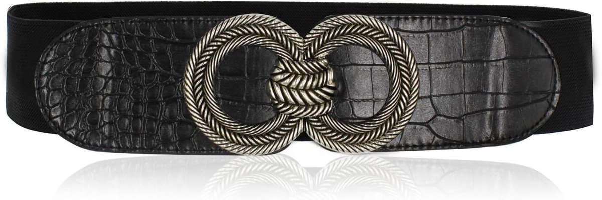 Dames Elastische Riem 6 cm Breed - Zwart met Zilver - Metalen Haak Sluiting - Perfect voor Elke Outfit - ShopVlot