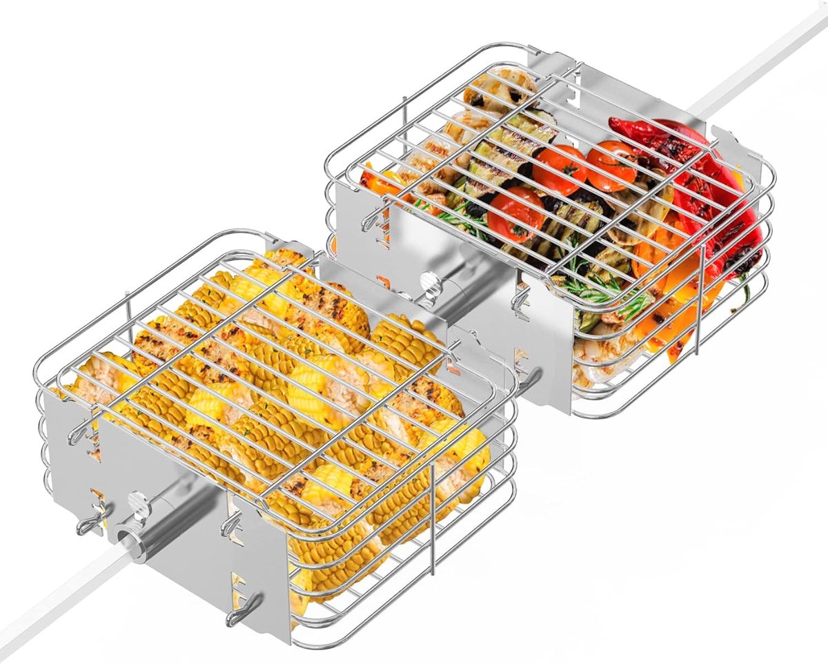Grillmand voor groenten en vlees - RVS grillmanden - Geschikt voor rotisserie en gasgrill - Ideaal voor barbecueën - ShopVlot