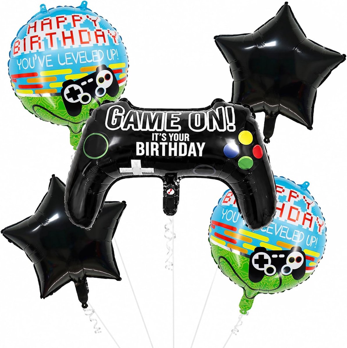 Koboko Verjaardagsfolieballonset, gamecontroller-design, zwart, 5 stuks, sterren en ronde ballonnen, Game On Thema - ShopVlot