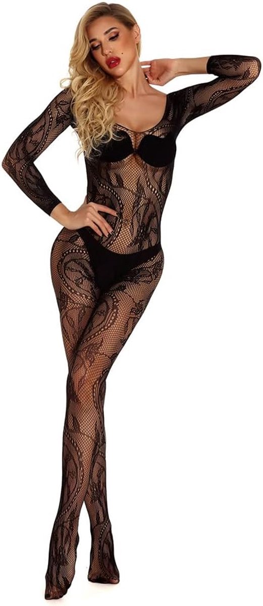 Livia Corsetti ABRA Bodystocking Sexy Net Catsuit Overall Long Sleeve Open Crotch XL/XXL Black - ShopVlot