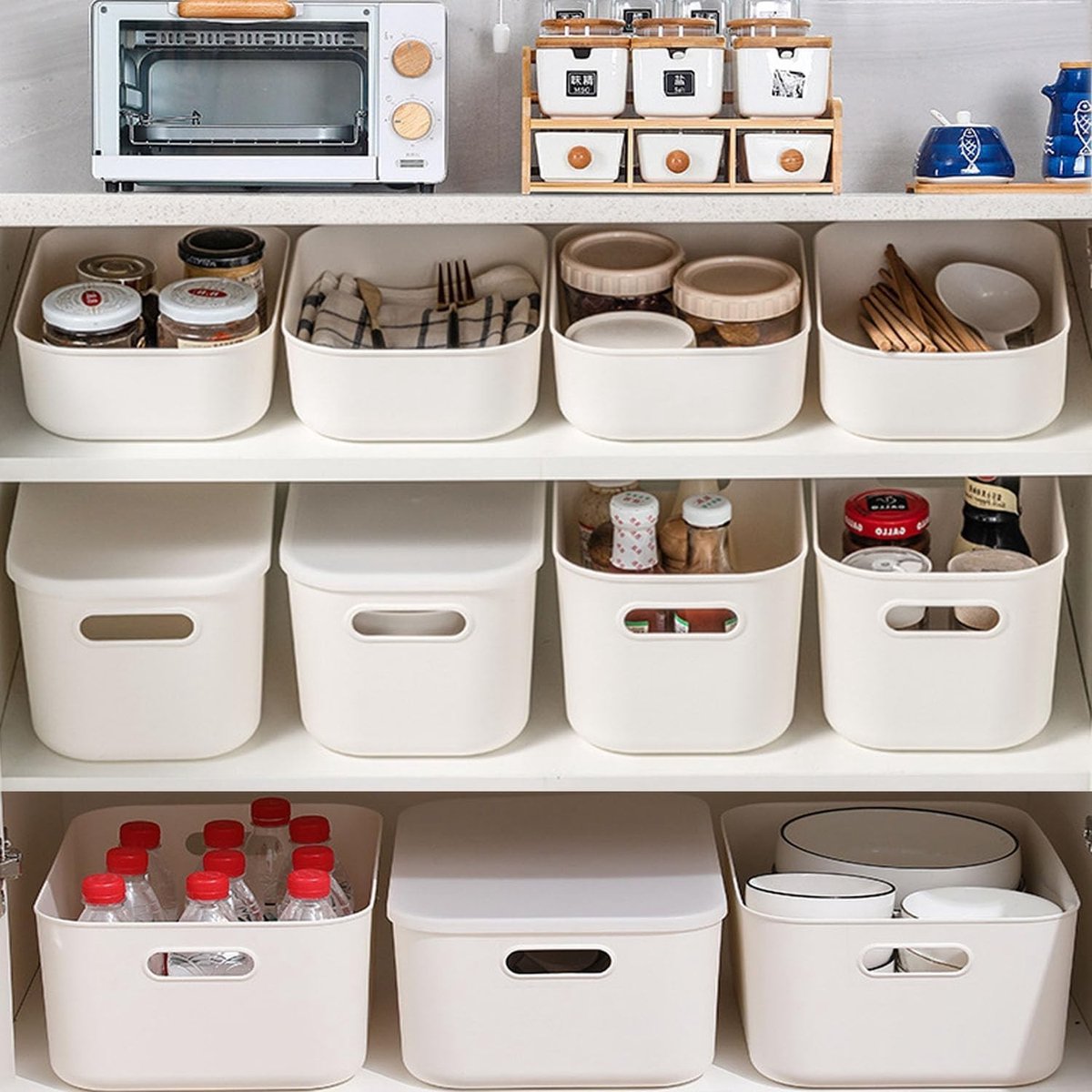 Set van 6 veelzijdige opbergdozen met deksel en handvatten voor badkamer en keuken, perfect voor georganiseerd opslaan