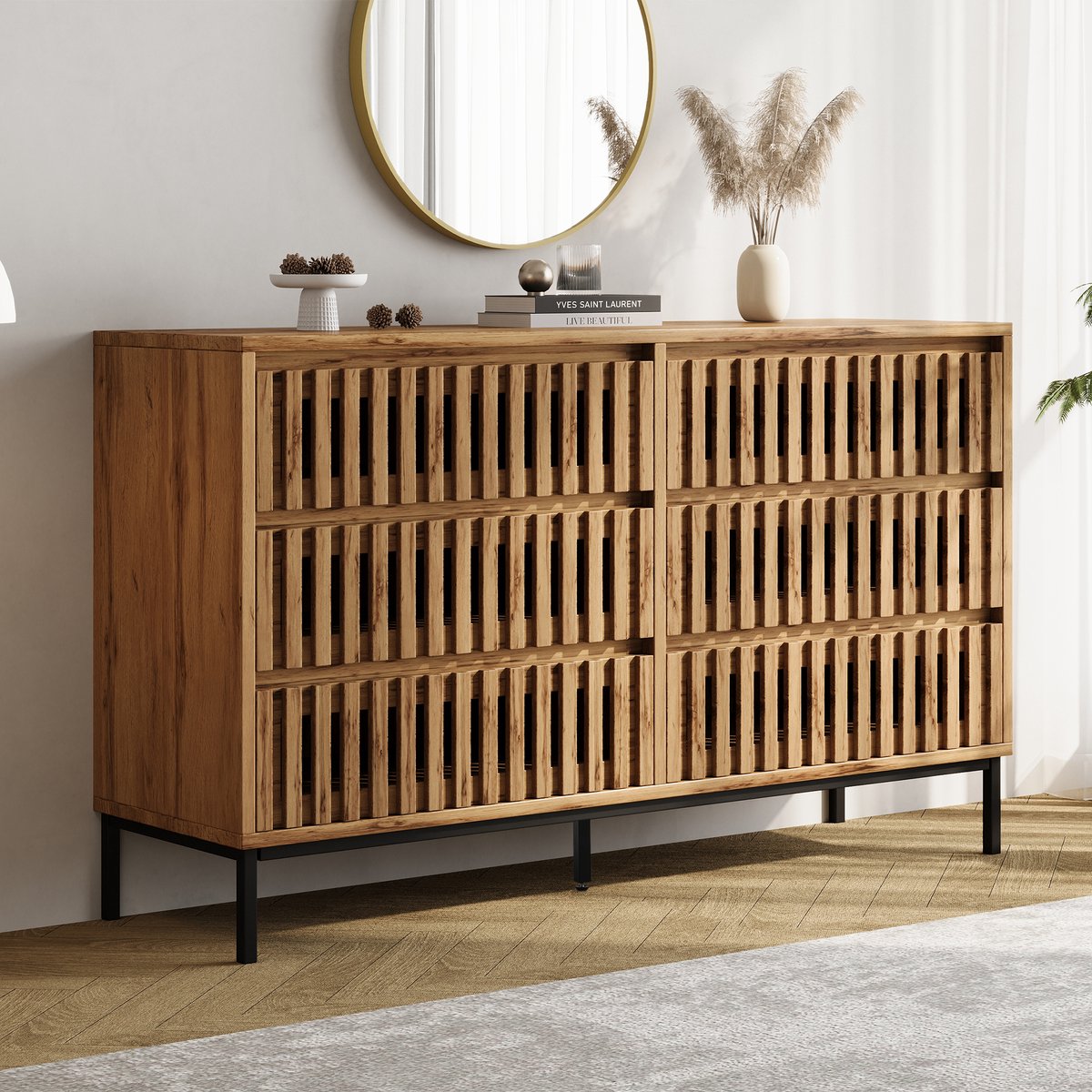 DESMIU Dressoir - 6 Lades Met Lattenfront En Stevige Constructie - Voor Woonkamer, Slaapkamer En Hal - MDF En Spaanplaat - 120x40x81 Cm - Naturel