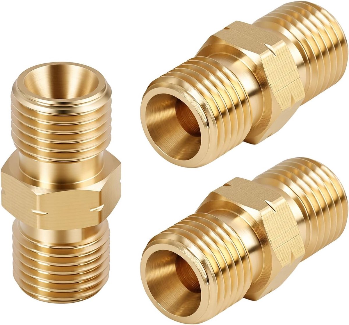 3-delige Messing Gaskoppeling, Dubbele Nippel 1/4 inch AG Links, DN8 Koppeling voor Propaan en Acetyleengas, Gasklem, Gasaansluiting en Verlenging, R1/4 inch AG, Messing Koppeling