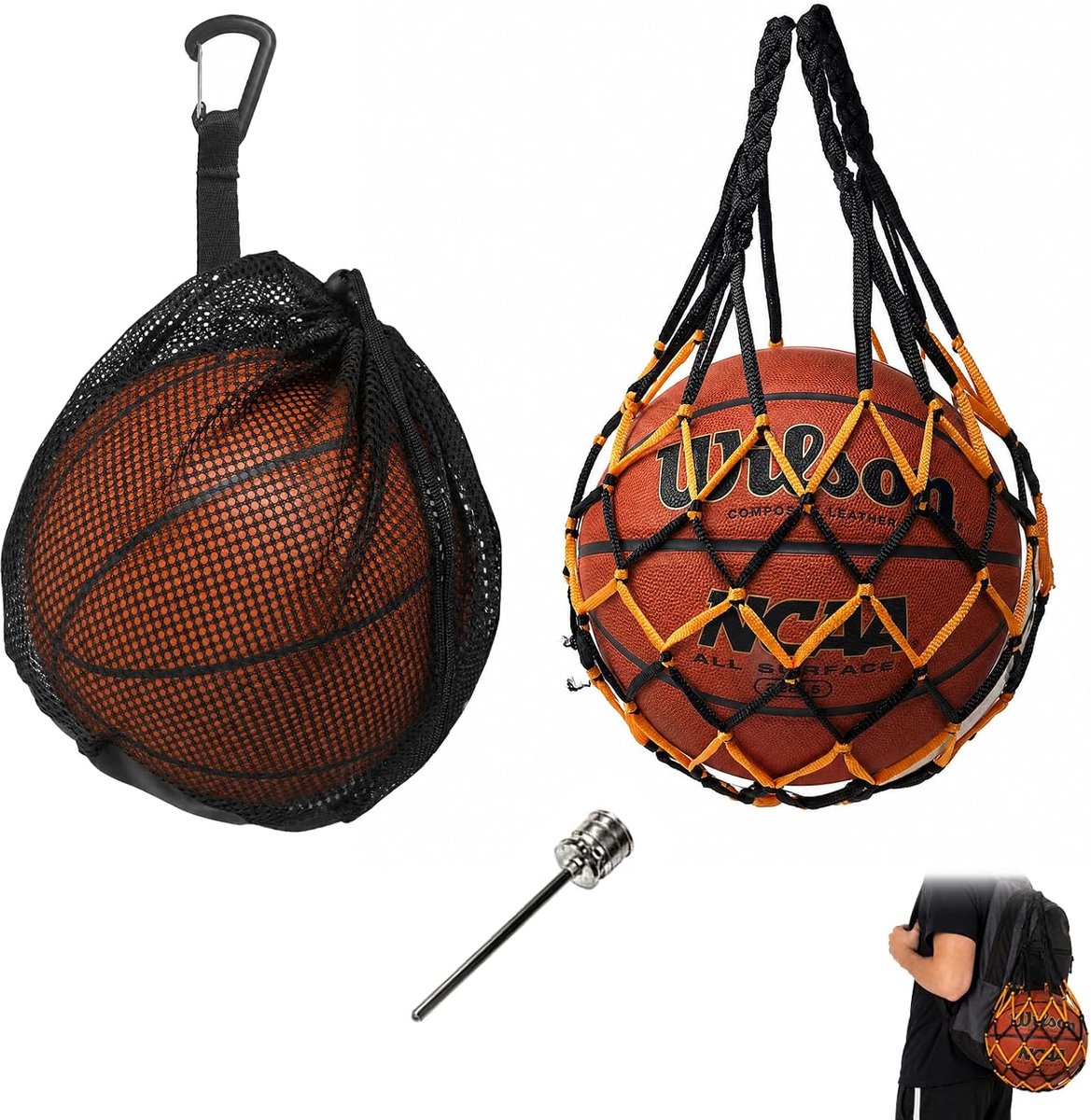 2 stuks ballenzak met pompnaald, draagbaar ballennet met haak en trekkoord, sporttas voor voetbal, basketbal - ShopVlot