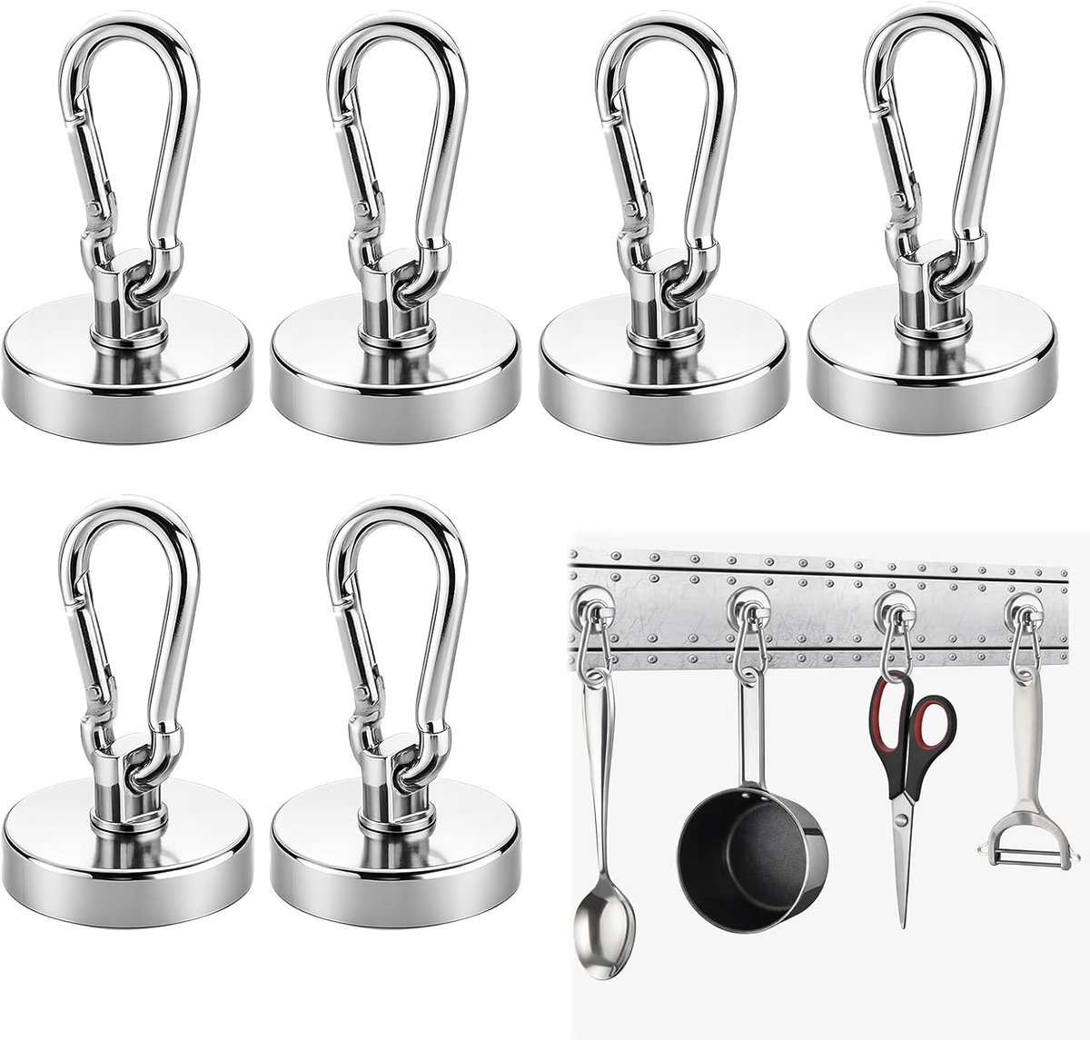 6 stuks magneten met haken, sterke magnetische haken, zilver, voor keukens, badkamers, opbergkasten, garages en - ShopVlot