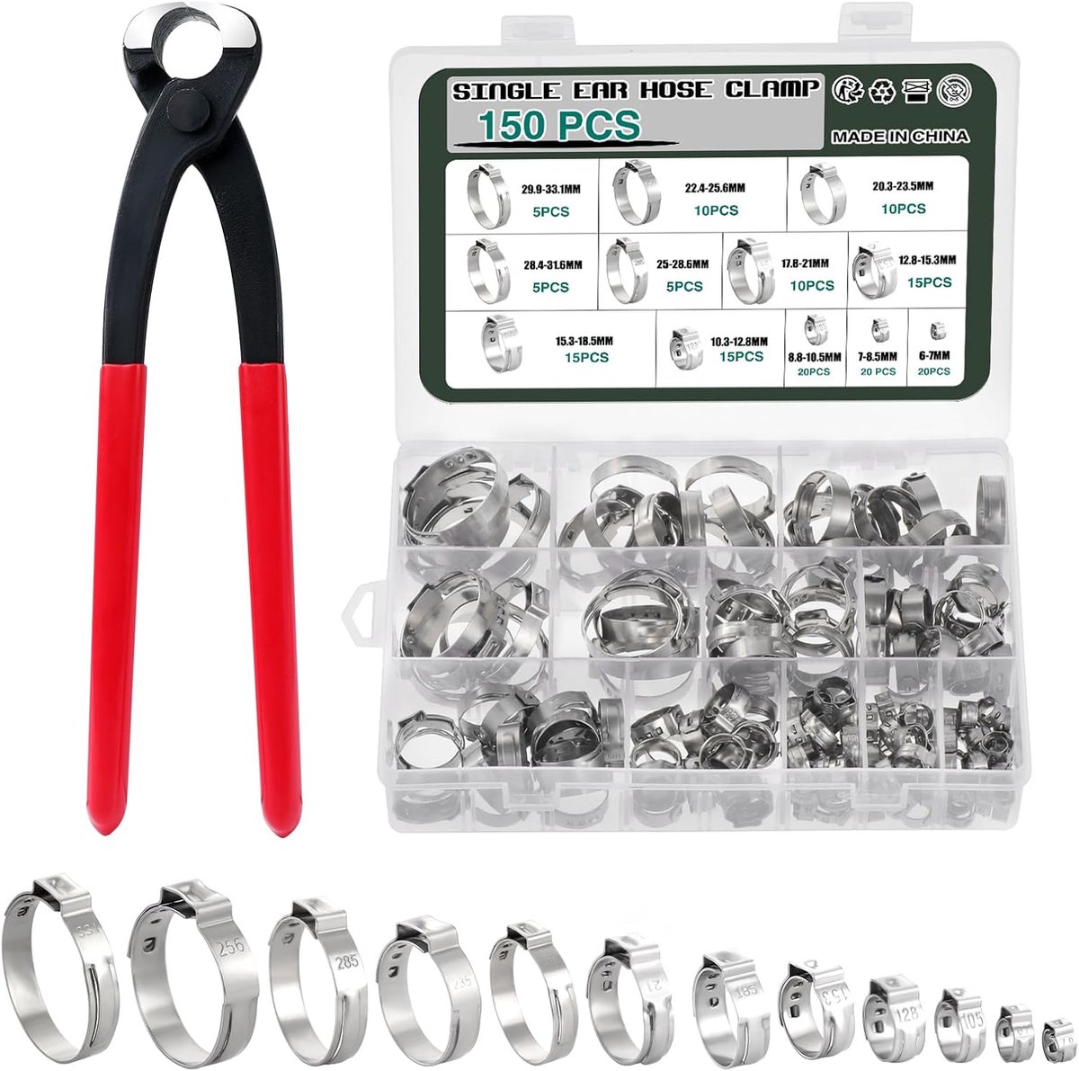 Pack of 150 Single Ear Clamps Stainless Steel 304 12 Sizes with 6 - ShopVlot