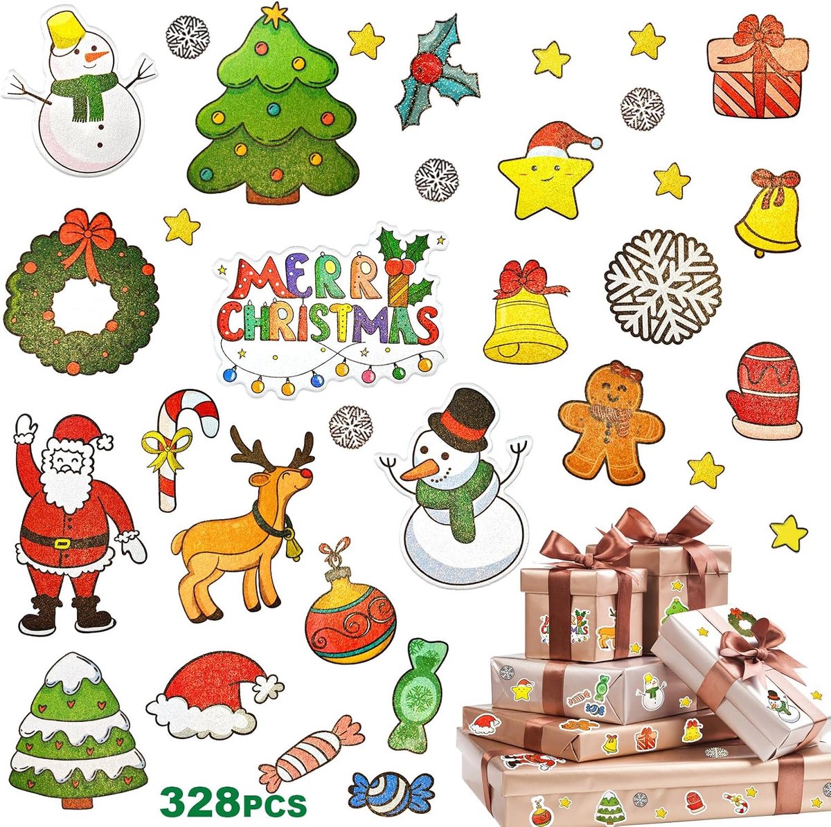 Kerstglitterstickers, 8 vellen, 328 zelfklevende kerststickers voor doe-het-zelf handwerk, kerstkaarten, scrapbooking - ShopVlot