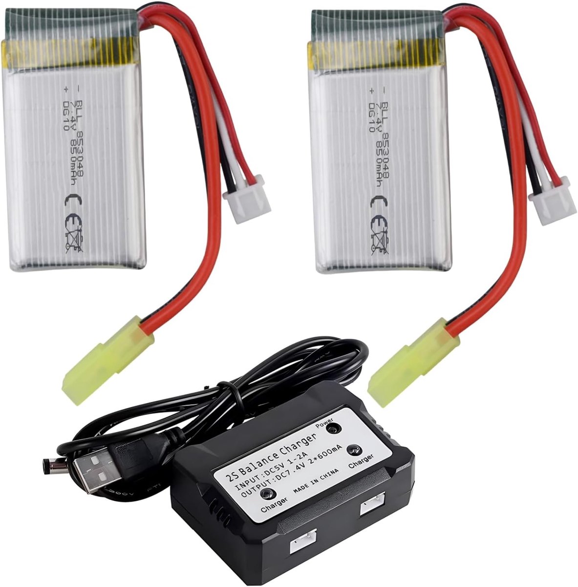 2PCS 7.4V 850mah Lithium Battery with 2in1 Charger for 9300 9301E 9302E 9303E 9034E 9305E 9310 9201E 2.4G 1:18 Remote - ShopVlot