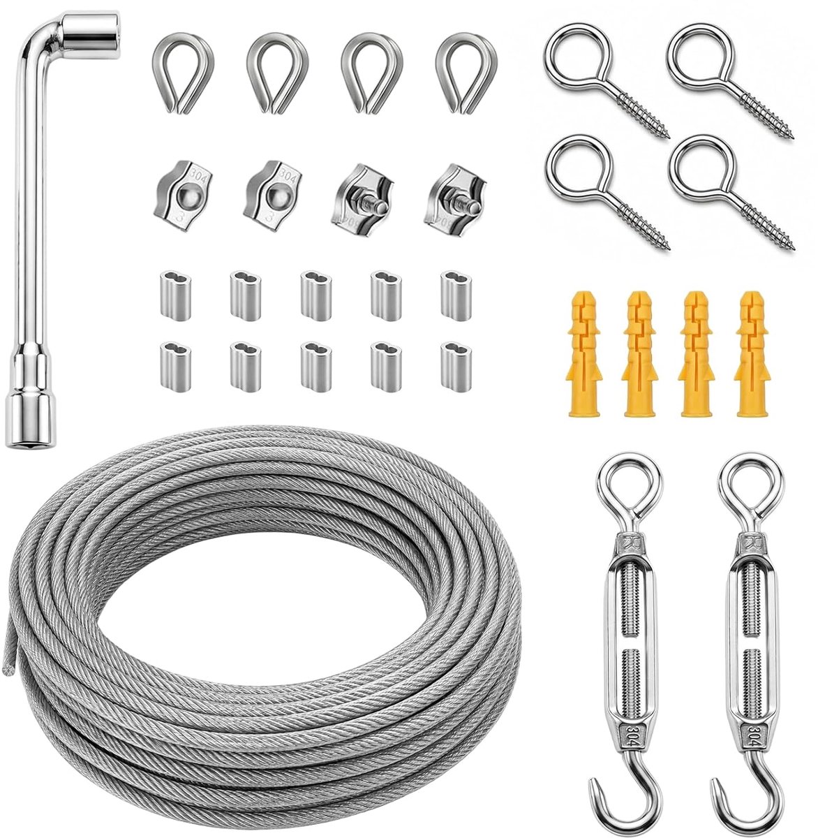 15 m Wire Rope, 2 mm, Set of 94 Pieces, PVC Stainless Steel Rope 304 with Turnbuckles, Rope Clamps, Press Sleeves - ShopVlot