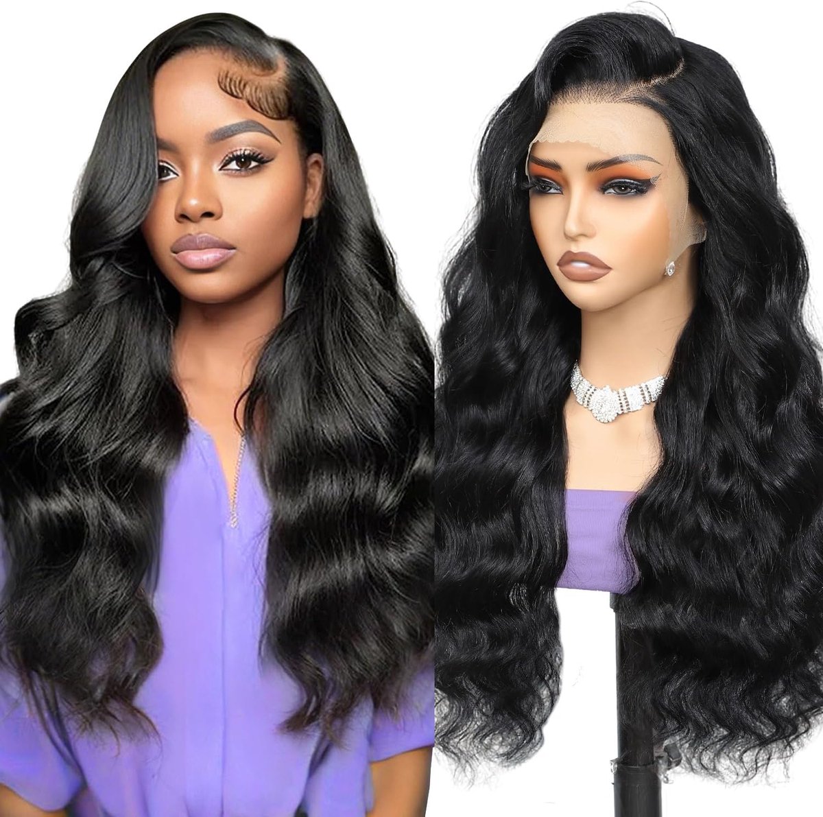 Beluck Women's Real Hair Wig, Glueless Real Hair, 180% Density, Body Wave 33 x 4 Lace Front Wig, Black Wavy Real Hair - ShopVlot