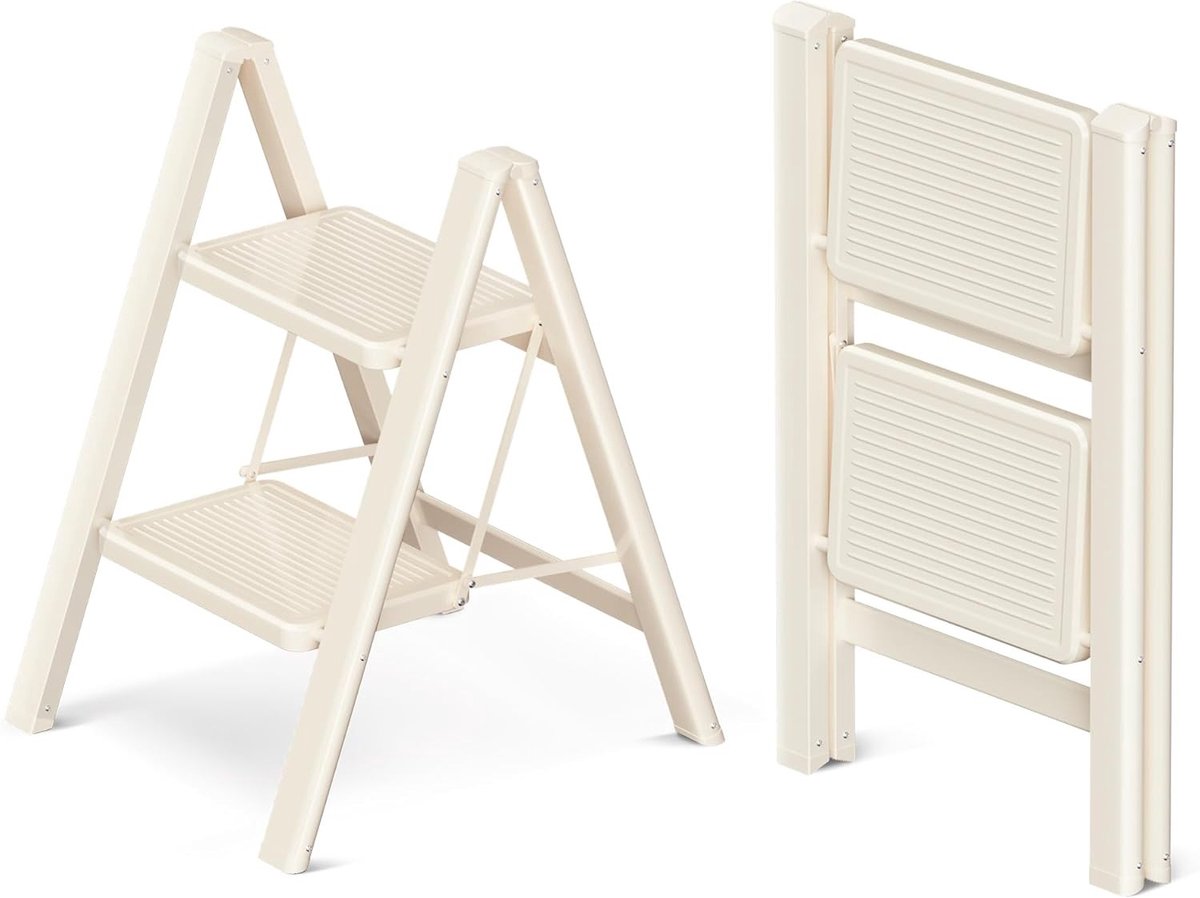 Opvouwbare Ladder - Crèmewit - 2 Treden - Met Antislippedalen en Stevige Constructie - Voor Binnen en Buiten