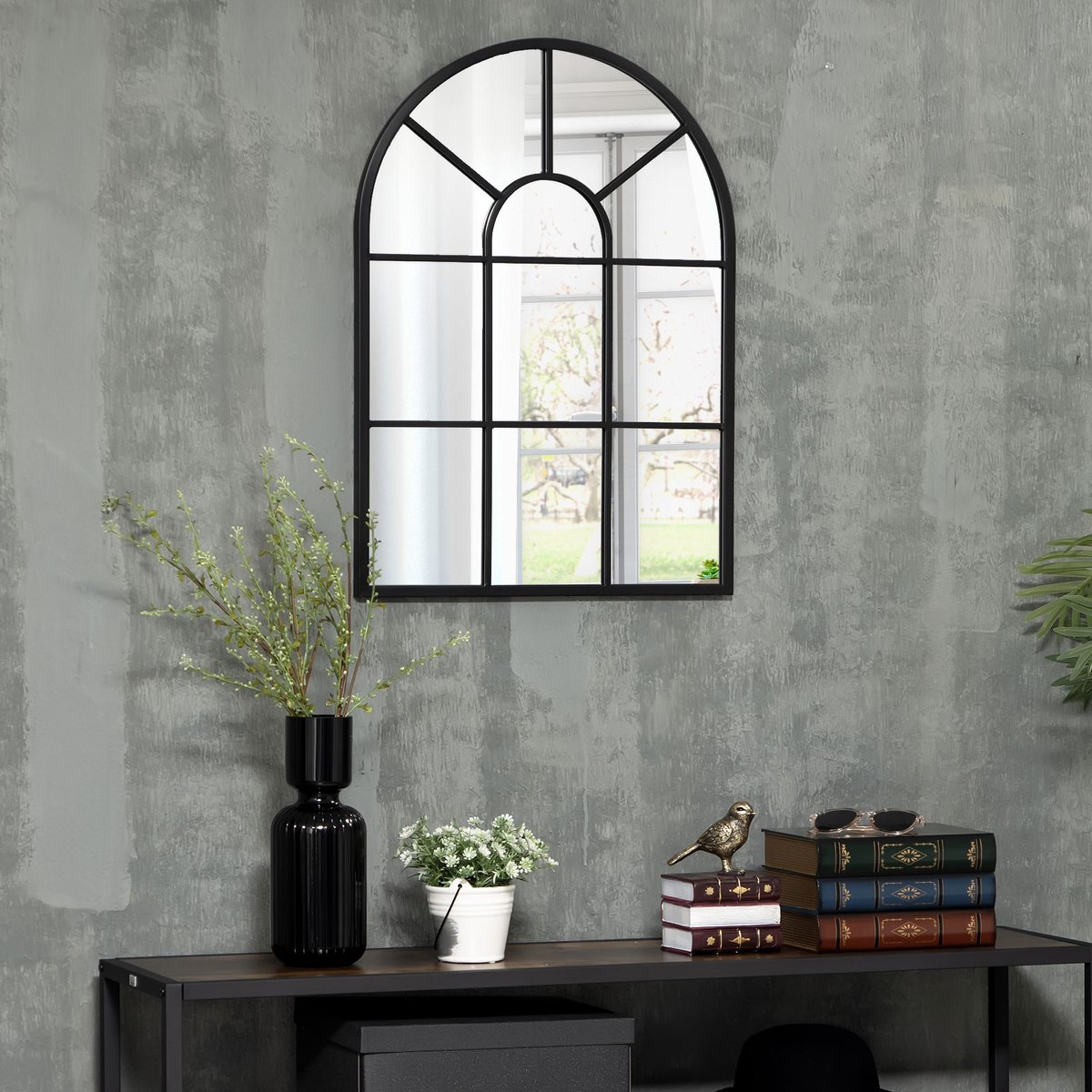 Wandspiegel Met Gewelfde Lijst 70 X 50 Cm Metaal Zwart Voor Woonkamer Slaapkamer En Hal Met Natuurlijk Licht En Ruimtelijk Effect