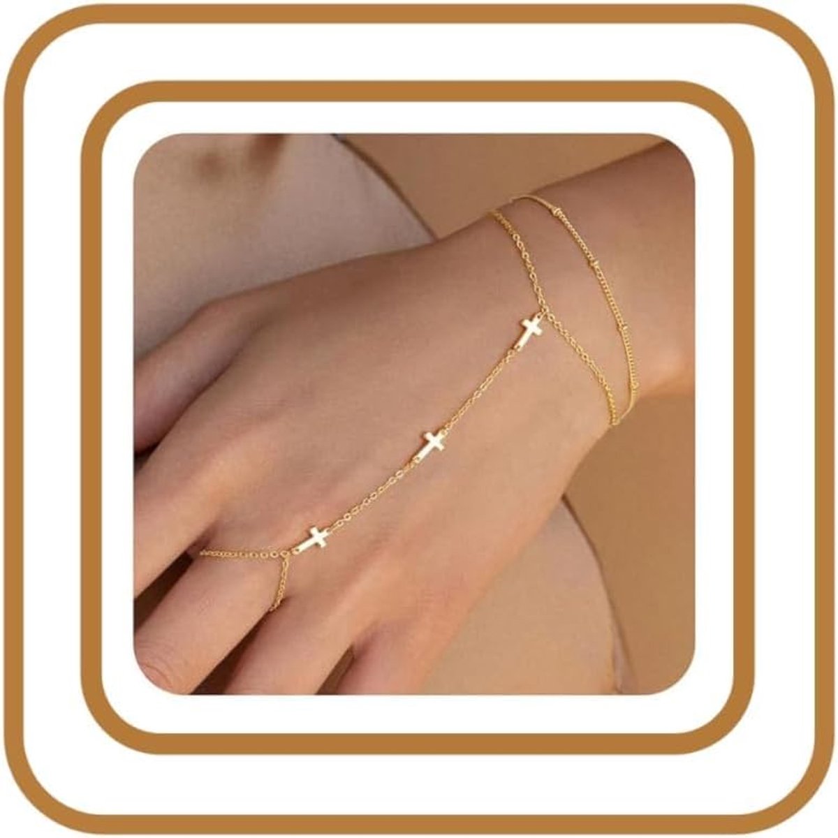 Handketting Dames Ring Armband - Kruis Design - Vinger en Pols Sieraad - Perfect voor Feest en Strand - ShopVlot