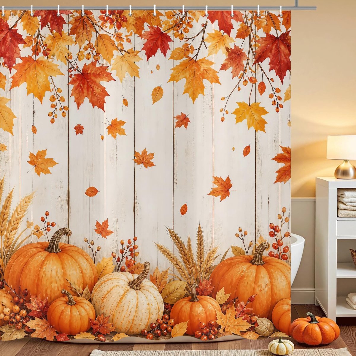 Douchegordijn 180 x 200 cm - rustiek vintage hout - herfst pompoen en esdoornbladeren - waterdicht en wasbaar - ShopVlot