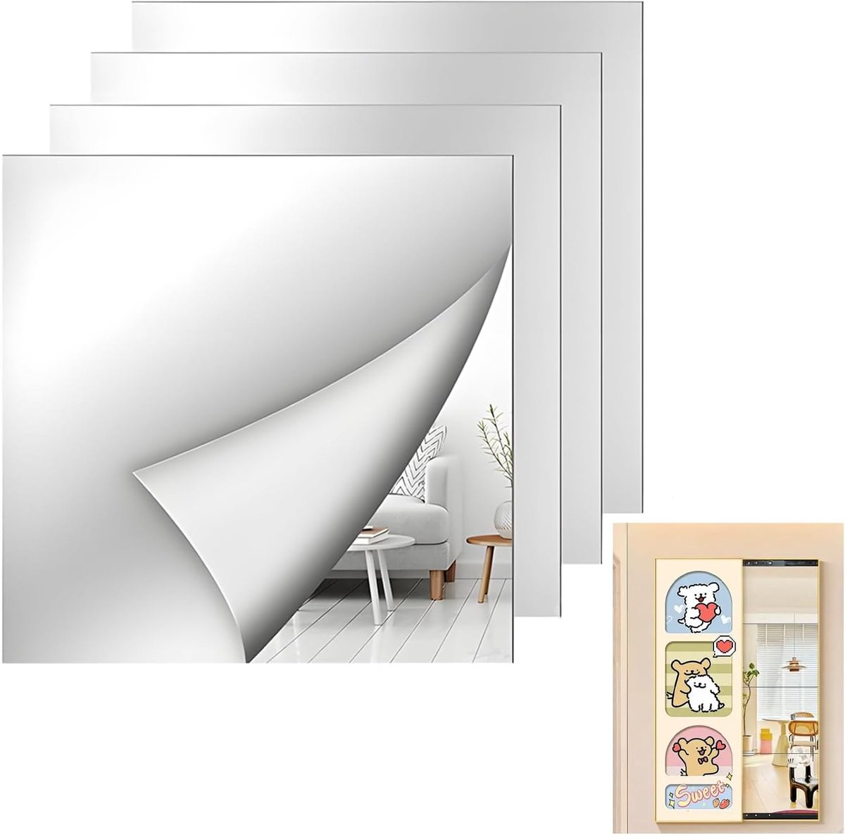 Spiegels 4-delige set - Zelfklevende acryl tegels - 1.3 mm dik - Perfect voor muren en decoratie - ShopVlot