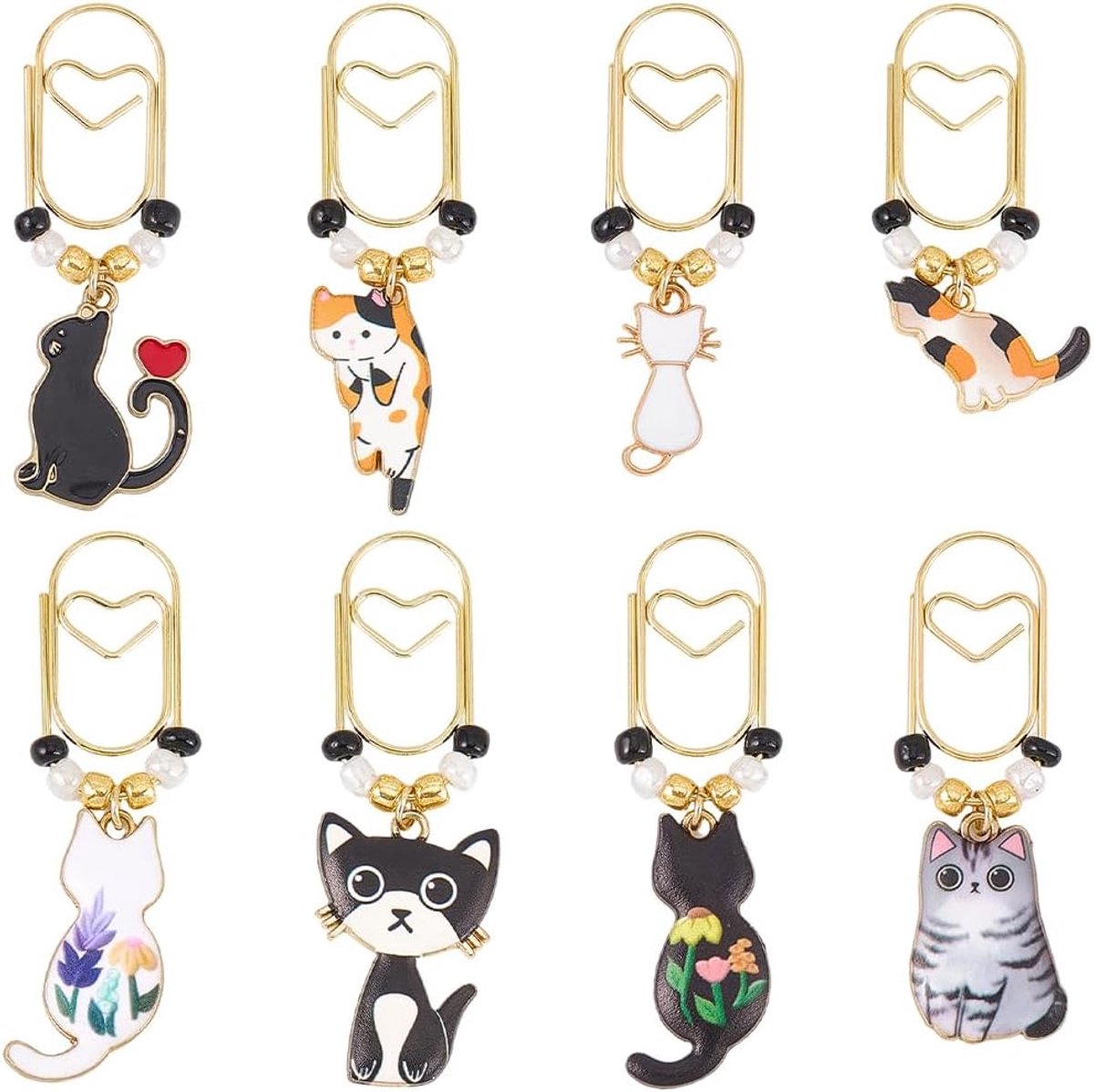 Paperclips kattenmotief 8 stuks - IJzeren bladwijzers - Decoratief met bedels - Perfect voor boekenliefhebbers - ShopVlot