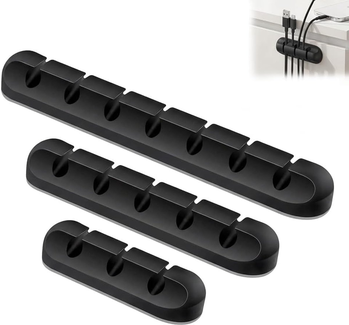 Kabelorganizer voor kantoor, 3 stuks, zelfklevend, met 3, 5 en 7 sleuven, kabelopslag voor USB-oplader, muis - ShopVlot