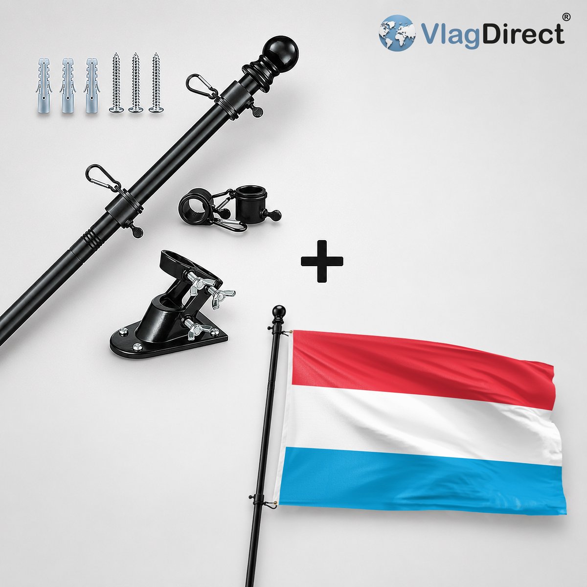 VlagDirect - Compleet vlaggenpakket - Zwarte vlaggenstok inclusief vlaggenstokhouder + Luxemburgse vlag - Luxemburg vlag - 90 x 150 cm.