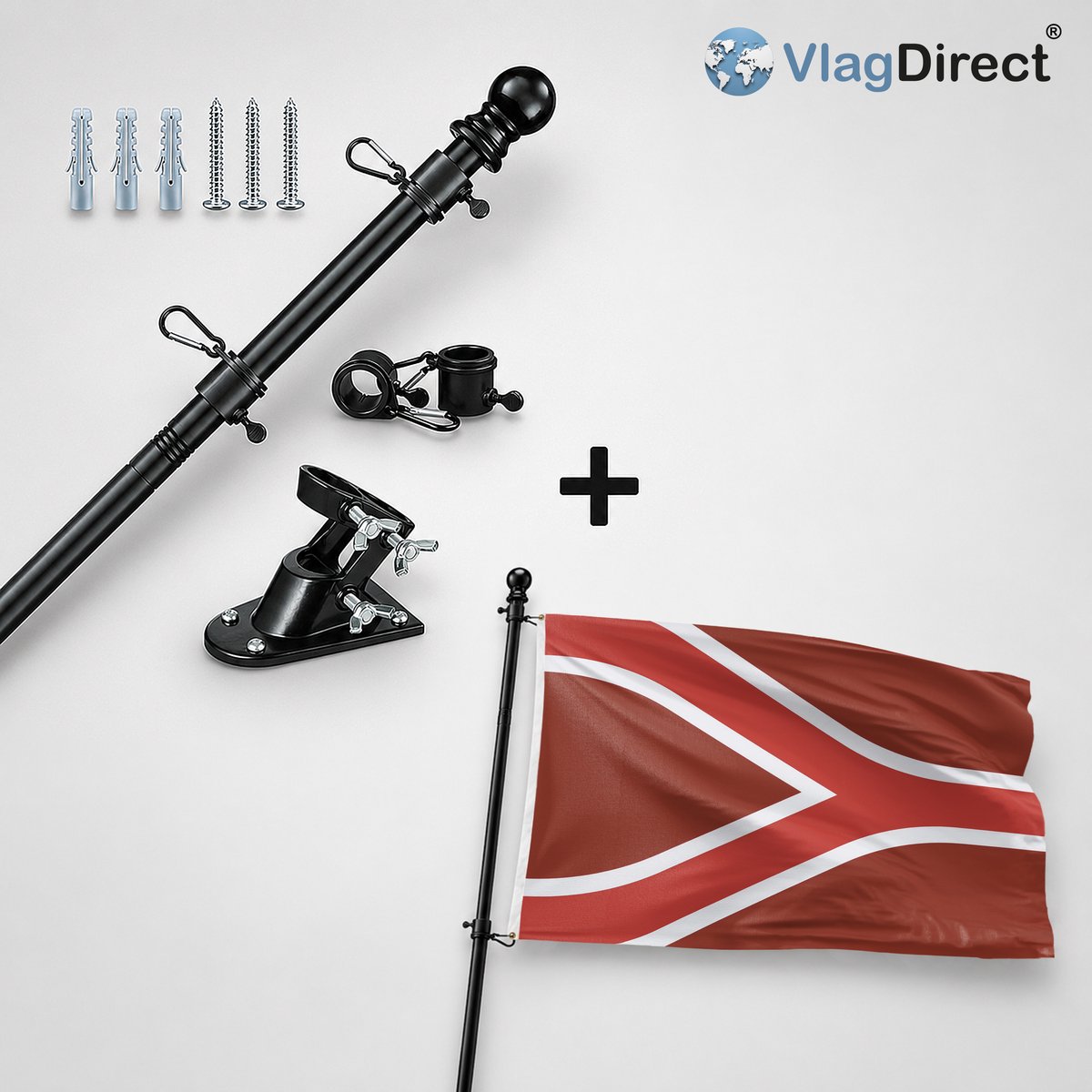 VlagDirect - Compleet vlaggenpakket - Zwarte vlaggenstok inclusief vlaggenstokhouder + Liemerse vlag - Liemers vlag - 90 x 150 cm.