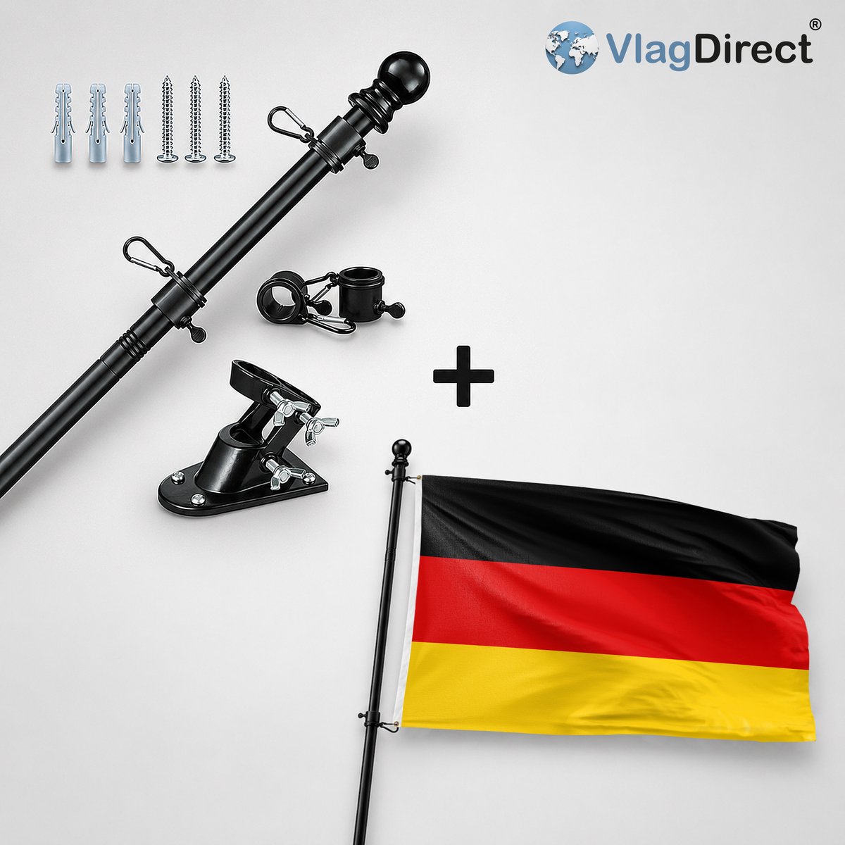 VlagDirect - Compleet vlaggenpakket - Zwarte vlaggenstok inclusief vlaggenstokhouder + Duitse vlag - Duitsland vlag - 90 x 150 cm.