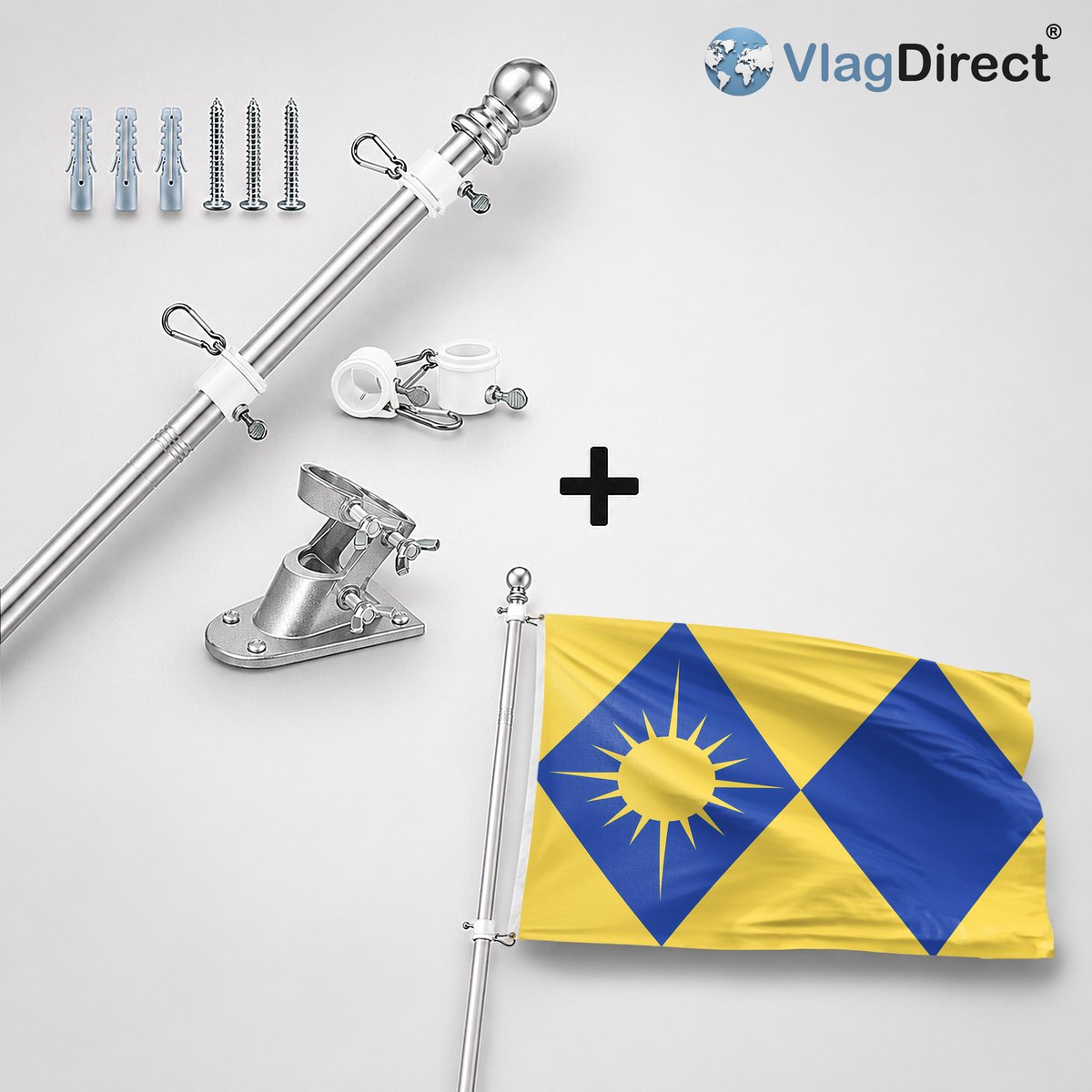 VlagDirect - Compleet vlaggenpakket - Zilveren vlaggenstok inclusief vlaggenstokhouder + Son en Breugel vlag - Gemeente Son en Breugel vlag - 90 x 150 cm.