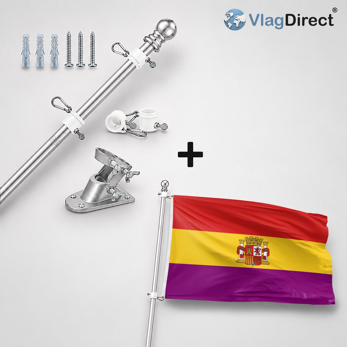 VlagDirect - Compleet vlaggenpakket - Zilveren vlaggenstok inclusief vlaggenstokhouder + Spaanse vlag Tweede Spaanse Republiek - Spanje Tweede Spaanse Republiek vlag - 90 x 150 cm.