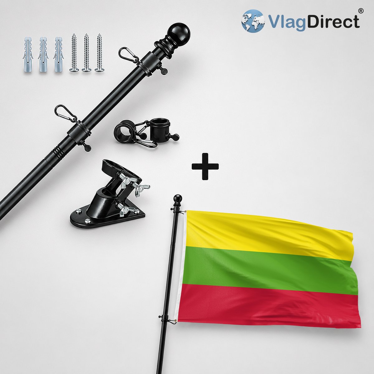 VlagDirect - Compleet vlaggenpakket - Zwarte vlaggenstok inclusief vlaggenstokhouder + Hillegom vlag - Gemeente Hillegom vlag - 90 x 150 cm.