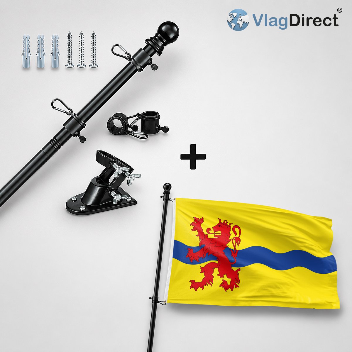 VlagDirect - Compleet vlaggenpakket - Zwarte vlaggenstok inclusief vlaggenstokhouder + Alkense vlag - Gemeente Alken vlag - 90 x 150 cm.