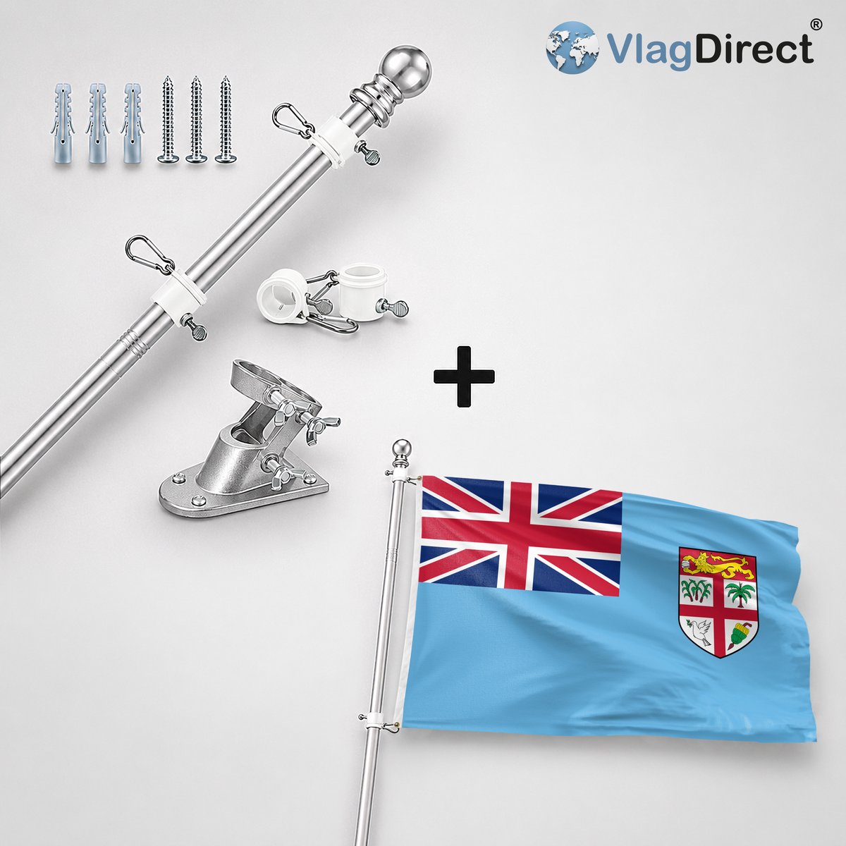 VlagDirect - Compleet vlaggenpakket - Zilveren vlaggenstok inclusief vlaggenstokhouder + Fijische vlag - Fiji vlag - 90 x 150 cm