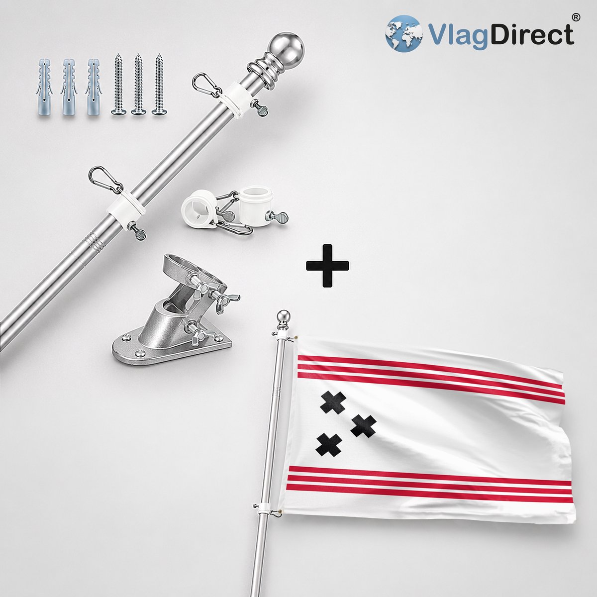 VlagDirect - Compleet vlaggenpakket - Zilveren vlaggenstok inclusief vlaggenstokhouder + Hendrik-Ido-Ambacht vlag - Gemeente Hendrik-Ido-Ambacht vlag - 90 x 150 cm.