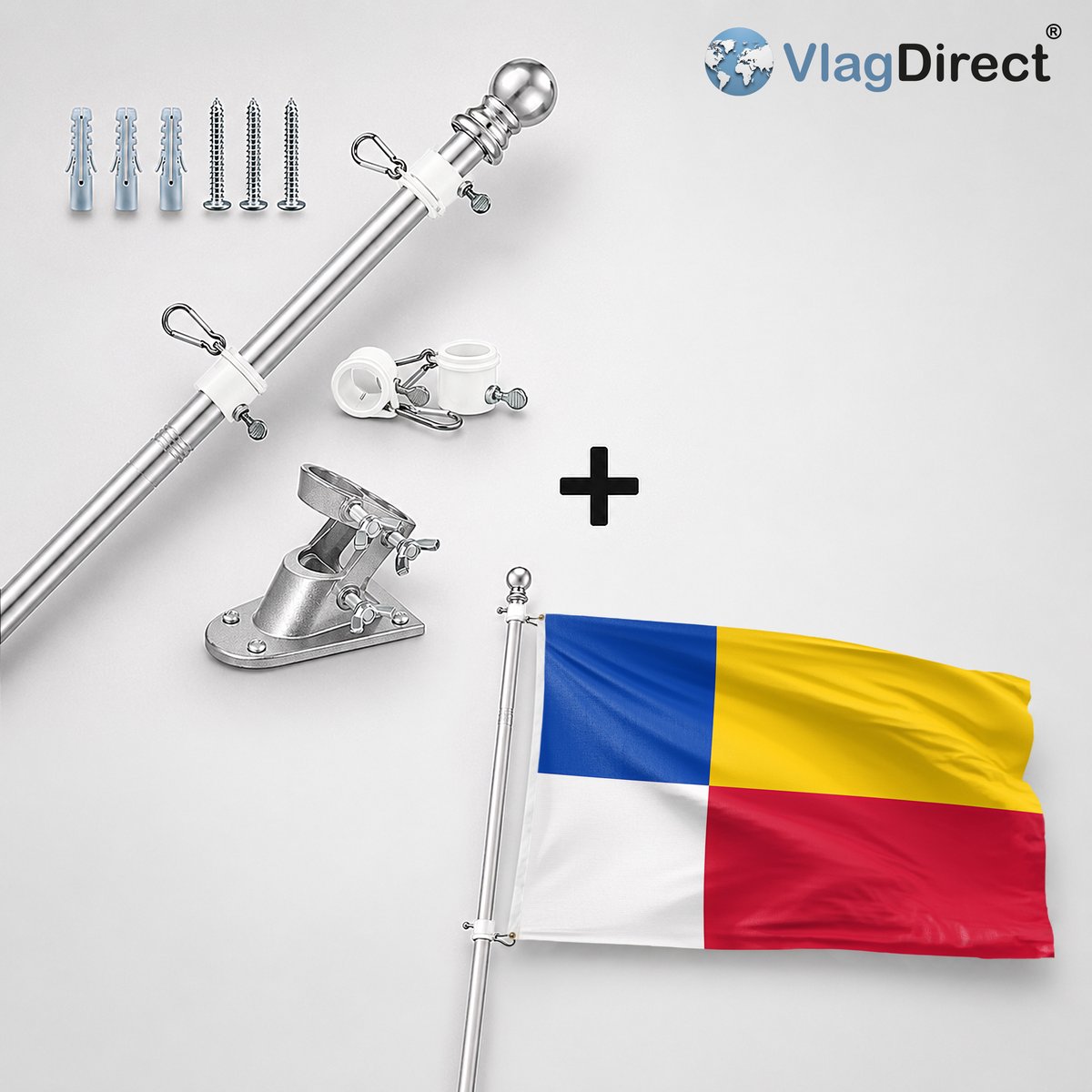 VlagDirect - Compleet vlaggenpakket - Zilveren vlaggenstok inclusief vlaggenstokhouder + Heerde vlag - Gemeente Heerde vlag - 90 x 150 cm.
