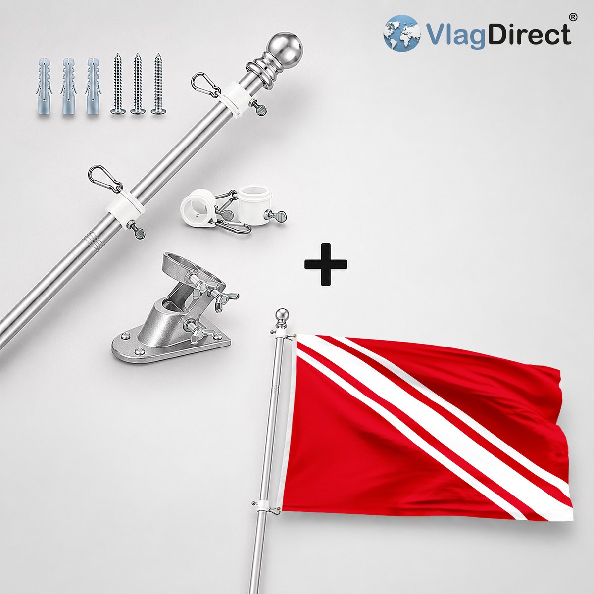 VlagDirect - Compleet vlaggenpakket - Zilveren vlaggenstok inclusief vlaggenstokhouder + Gemeente Gedinne vlag - 90 x 150 cm.