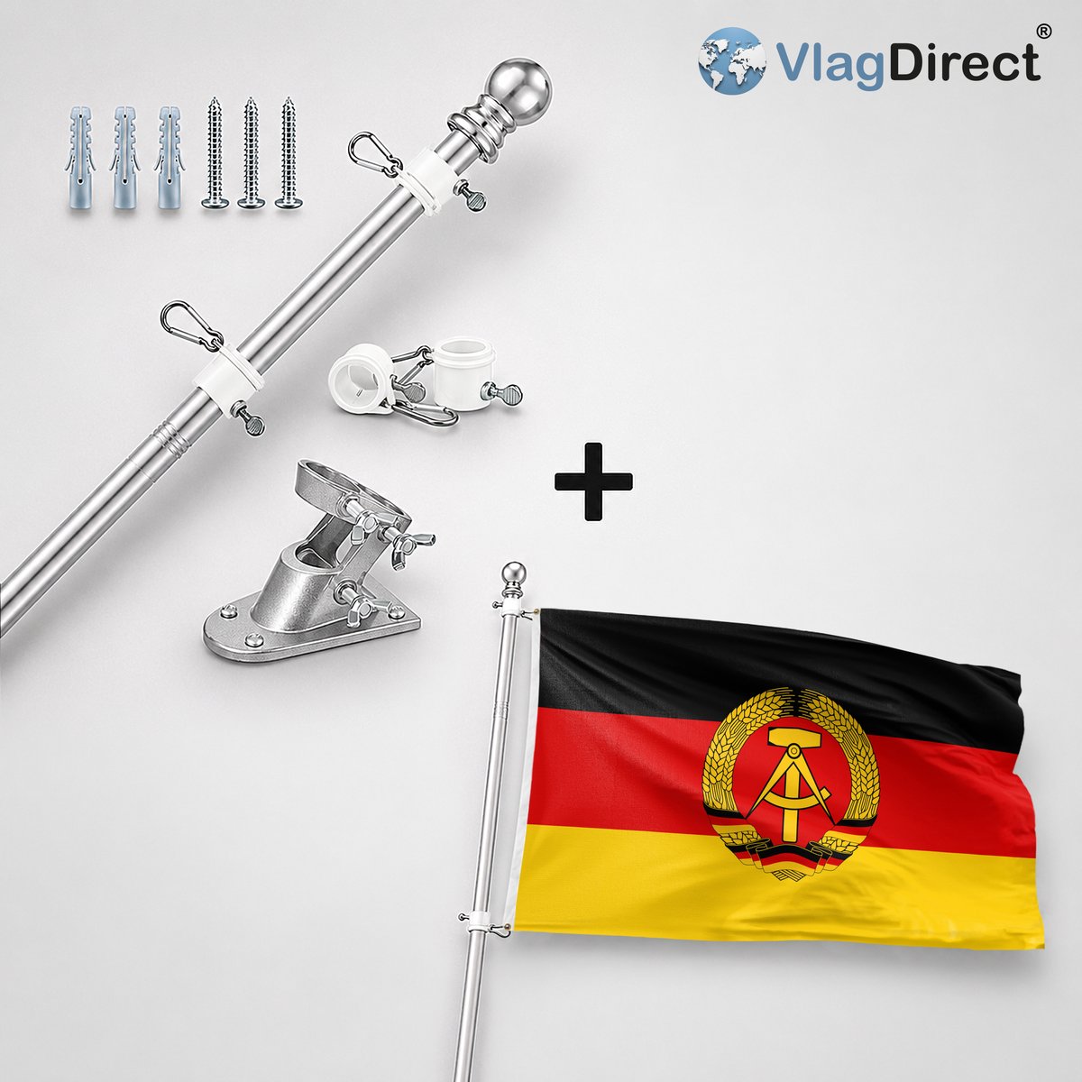 VlagDirect - Compleet vlaggenpakket - Zilveren vlaggenstok inclusief vlaggenstokhouder + Duitse Democratische Republiek vlag - DDR vlag - 90 x 150 cm.