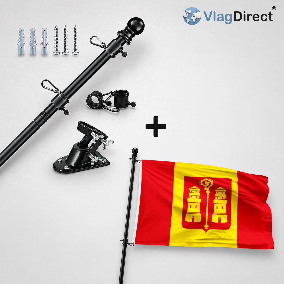 VlagDirect - Compleet vlaggenpakket - Zwarte vlaggenstok inclusief vlaggenstokhouder + Kalmthoutse vlag - Gemeente Kalmthout vlag - 90 x 150 cm.
