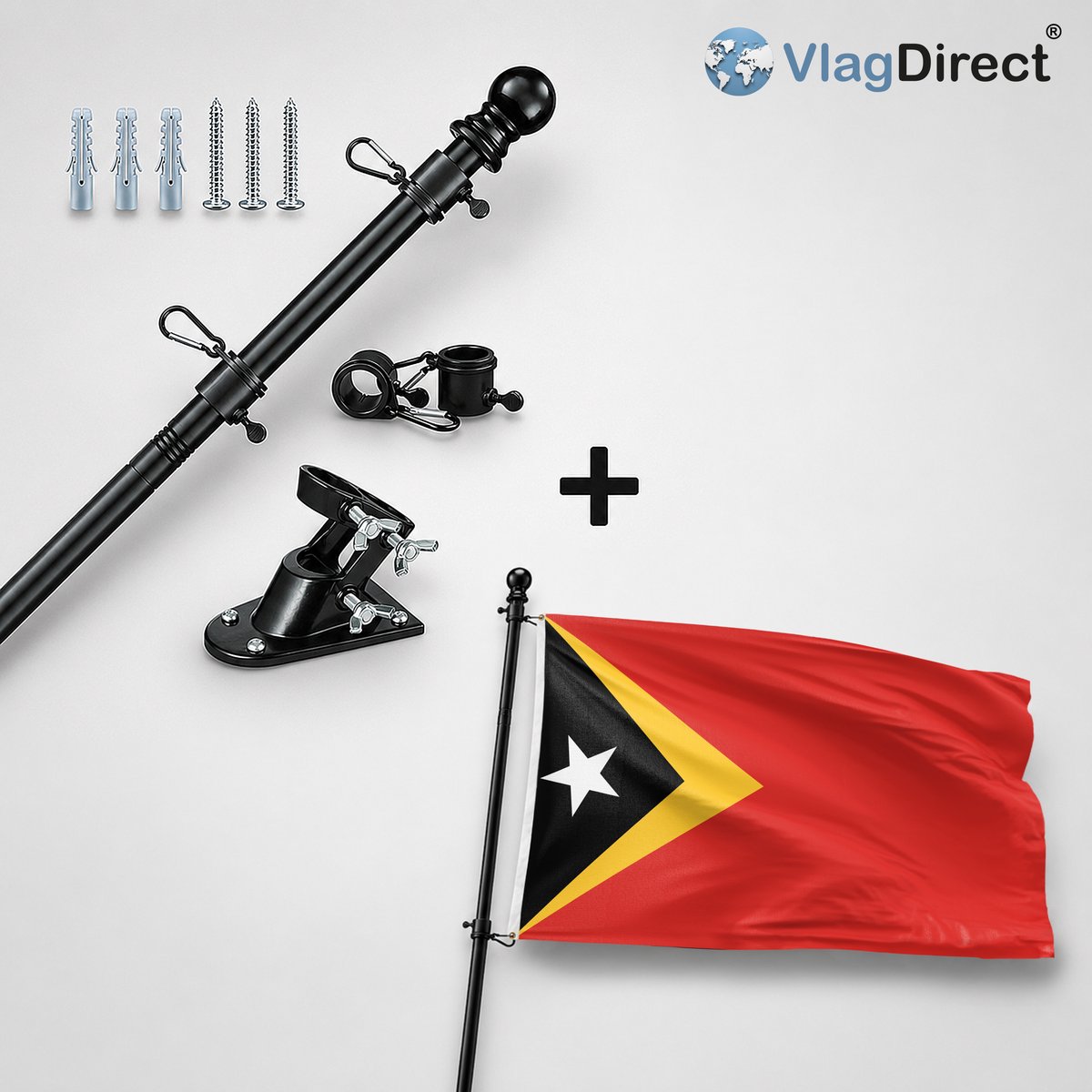 VlagDirect - Compleet vlaggenpakket - Zwarte vlaggenstok inclusief vlaggenstokhouder + Oost-Timorese vlag - Oost-Timor vlag - 90 x 150 cm