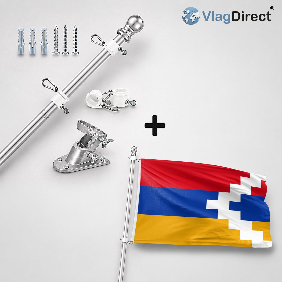 VlagDirect - Compleet vlaggenpakket - Zilveren vlaggenstok inclusief vlaggenstokhouder + Artsachiaanse vlag - Republiek Artsach vlag - Republiek Nagorno-Karabach vlag - 90 x 150 cm.