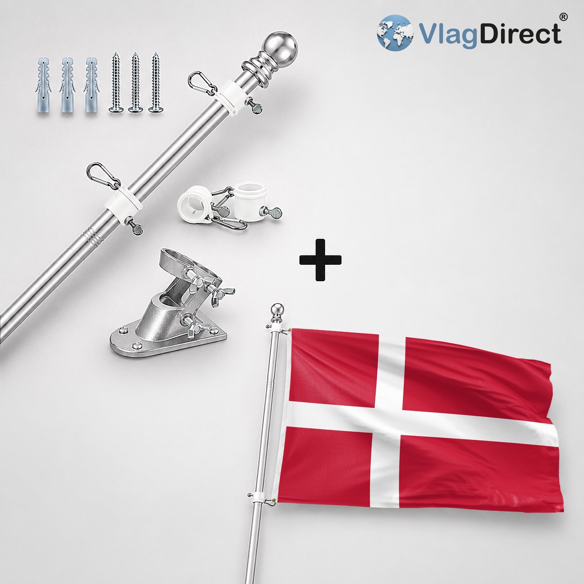 VlagDirect - Compleet vlaggenpakket - Zilveren vlaggenstok inclusief vlaggenstokhouder + Deense vlag - Denemarken vlag - 90 x 150 cm.