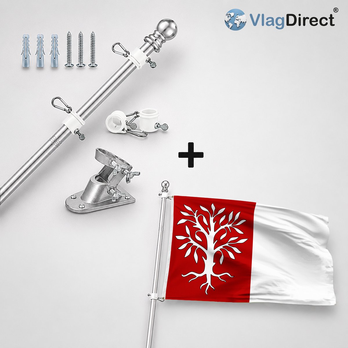 VlagDirect - Compleet vlaggenpakket - Zilveren vlaggenstok inclusief vlaggenstokhouder + Herentalse vlag - Gemeente Herentals vlag - 90 x 150 cm.